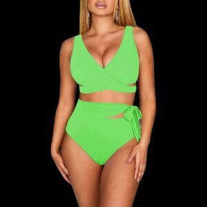 Kisscynest Women's Sexy Criss Cross V Neck 2 Piece Bikini High Waisted Swimsuit